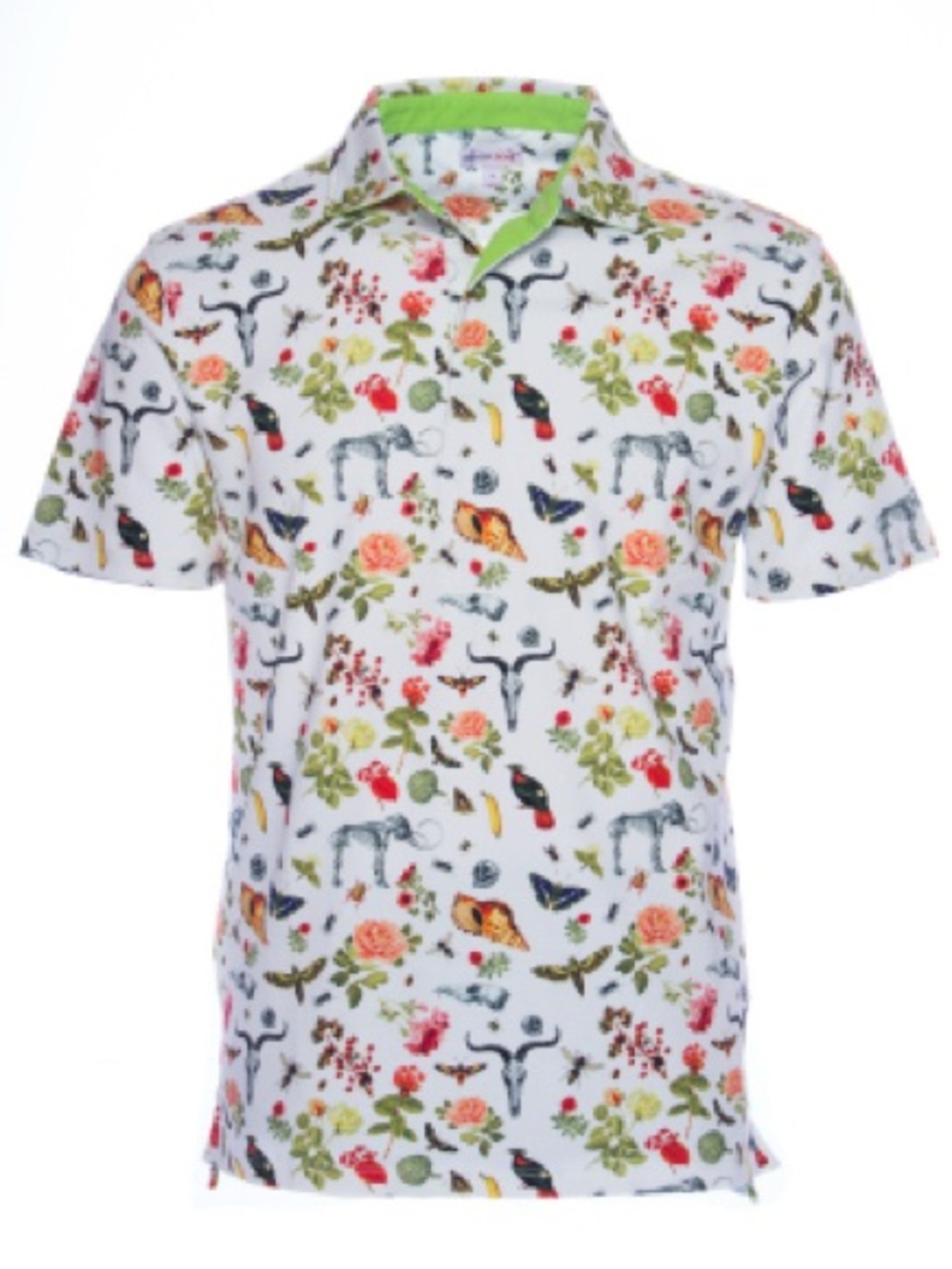 Men's White Floral & Bird Print Polo with Lime Trim